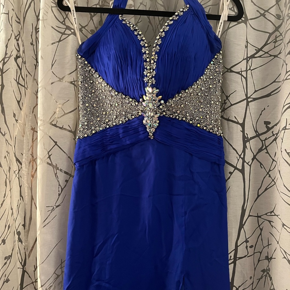 Sapphire Blue Rhinestone Halter Dress